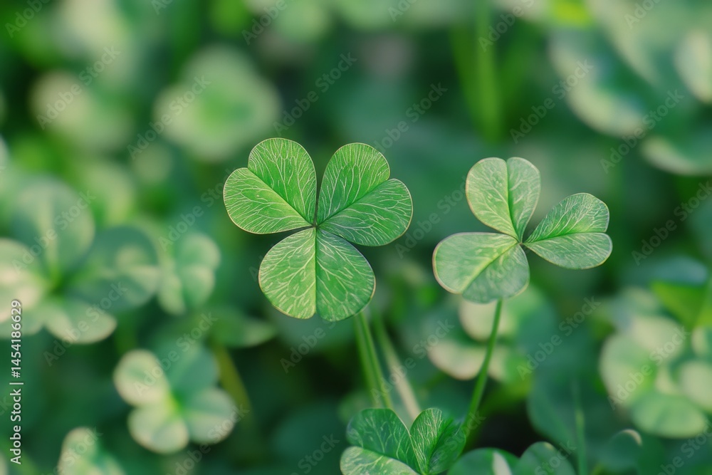 Shamrocks growing among wild green grass, a symbol of Irish luck.
