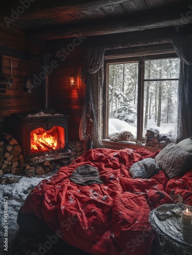 Warm and cozy bedroom scene with a red blanket, lit fire, and snow outside.