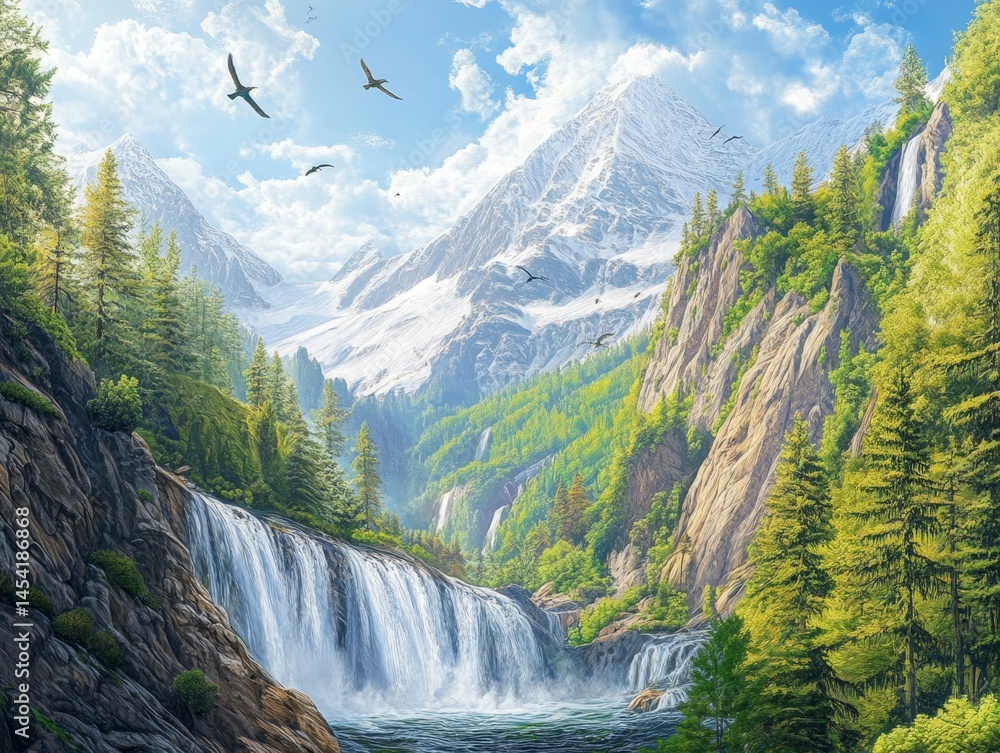 A serene alpine landscape featuring a majestic waterfall surrounded by towering mountains and lush green trees, with birds flying above.