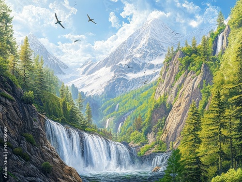 Obraz na płótnie A serene alpine landscape featuring a majestic waterfall surrounded by towering mountains and lush green trees, with birds flying above. w salonie