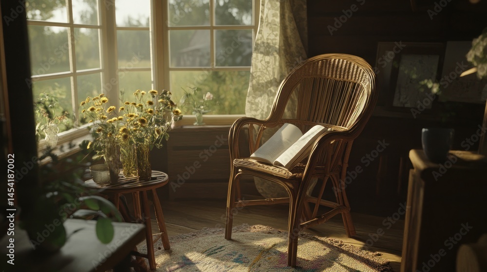 Fototapeta premium Rustic corner reading nook bathed in golden sunlight.