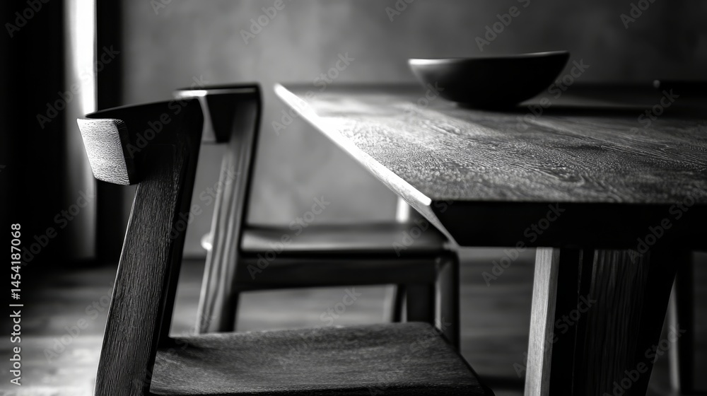 A quiet, still life scene of an abandoned wooden dining room with chairs and a table, bathed in candlelight.