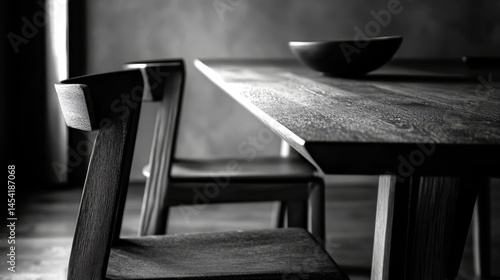 Obraz na płótnie A quiet, still life scene of an abandoned wooden dining room with chairs and a table, bathed in candlelight. w salonie