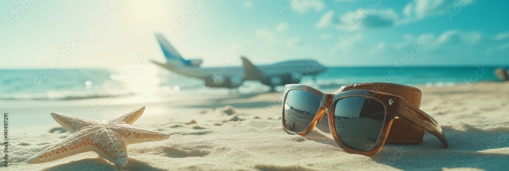Sunglasses on the beach with an airplane flying overhead. A relaxing summer vacation atmosphere.
