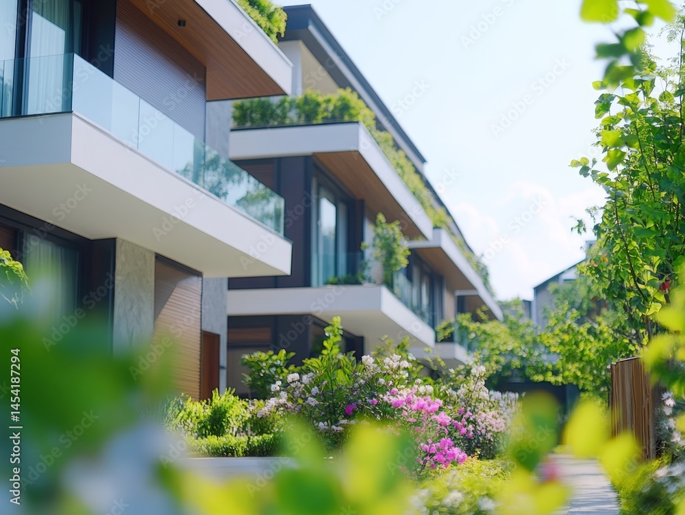 Brownstone residential building with modern architecture and lush greenery, featuring balconies and glass railing.