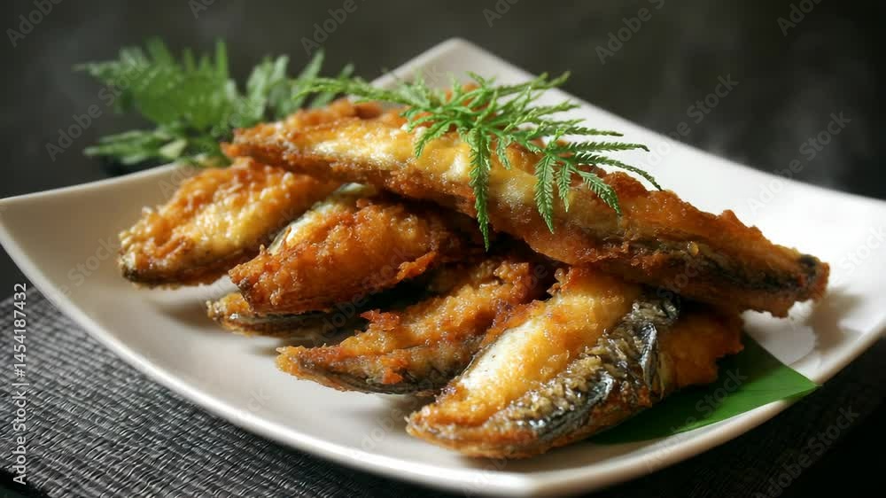 Crispy fried fish fillets served on a rectangular plate with a sprig of green garnish, displaying traditional cooking techniques