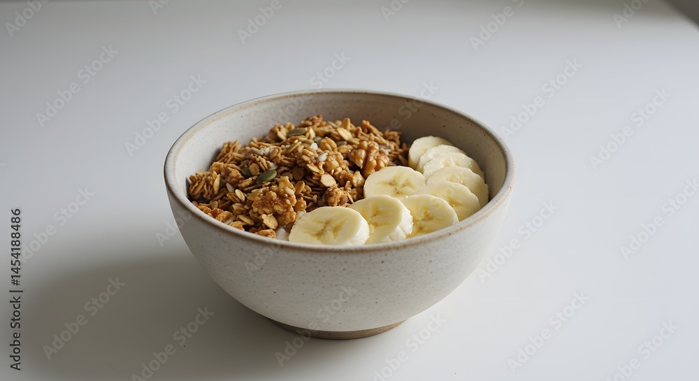 A bowl of granola and sliced bananas on a white surface ready to be enjoyed for breakfast time A bowl of granola and sliced bananas on a white surface ready to be enjoyed for breakfast time