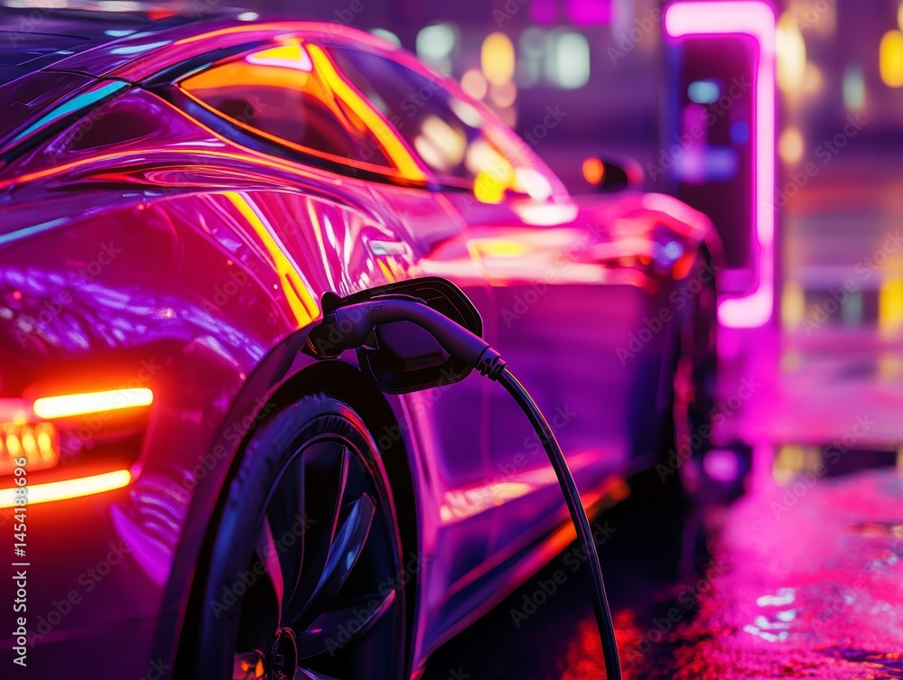 Electric vehicle parked at pink-lit charging station with glowing lights.