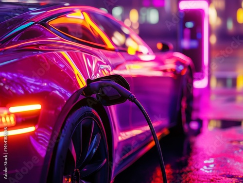 Obraz na płótnie Electric vehicle parked at pink-lit charging station with glowing lights. w salonie