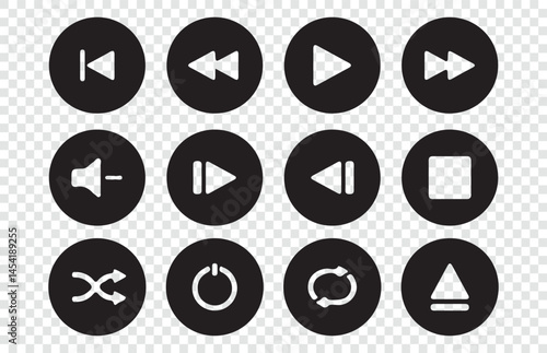 Music player icon set with Audio, volume, interface, design media player buttons. Play, pause, stop, record, forward settings symbol.  Vector Illustration eps 10