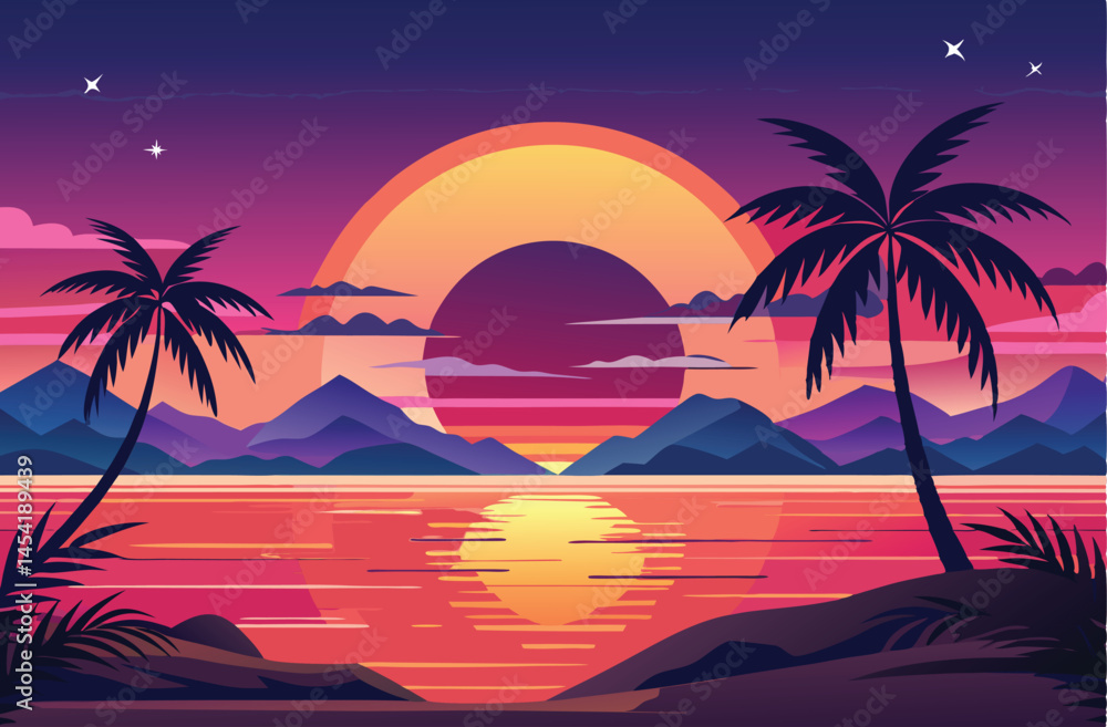 Naklejka premium Colorful Sunset with Palm Tree Silhouettes