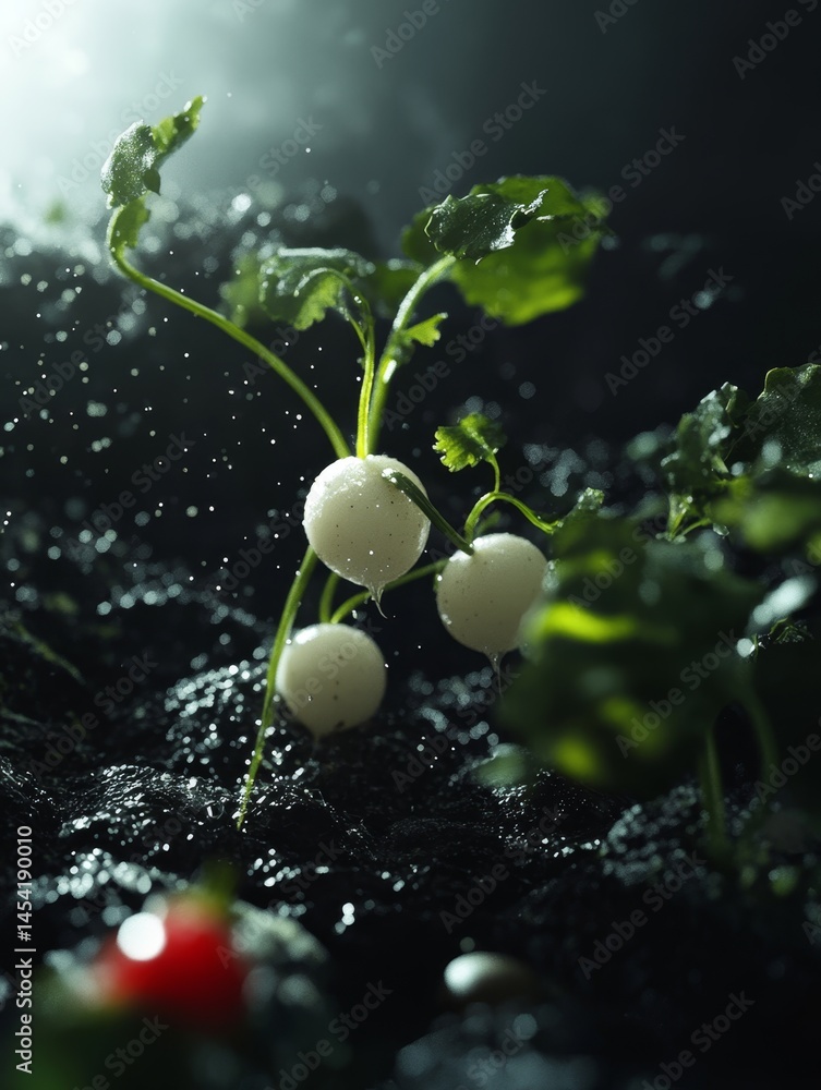 Growing plants in a dark environment with glowing roots and seeds germinating on dirt