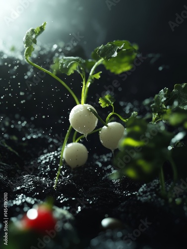 Obraz na płótnie Growing plants in a dark environment with glowing roots and seeds germinating on dirt w salonie