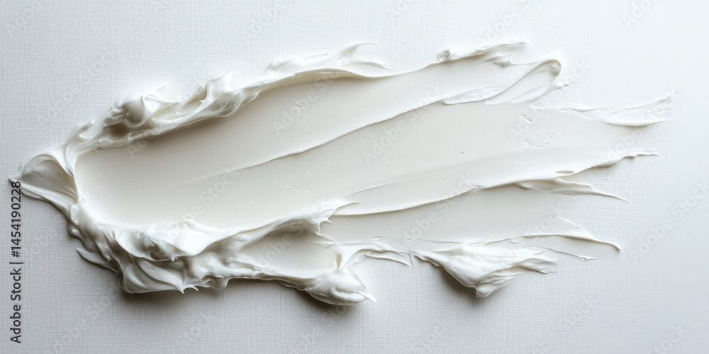 A white blob of cream is spread across a white background. The cream is thick and has a slightly grainy texture. Concept of messiness and disarray, as the cream is not evenly spread