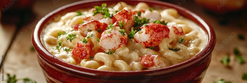 A delicious serving of shellfish pasta with creamy sauce, garnished with red pepper flakes and fresh herbs.