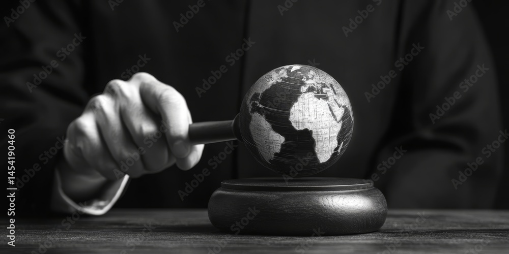 Court scene with a judge presiding over the world in his hand.