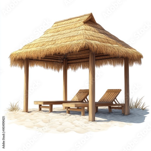 Thatched-roof beach cabana with two lounge chairs on white sand