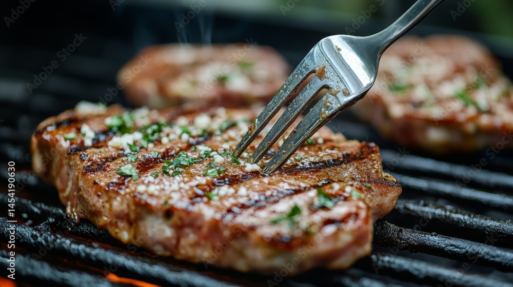 Close-up of grilled steak on a barbecue, garnished with parsley.