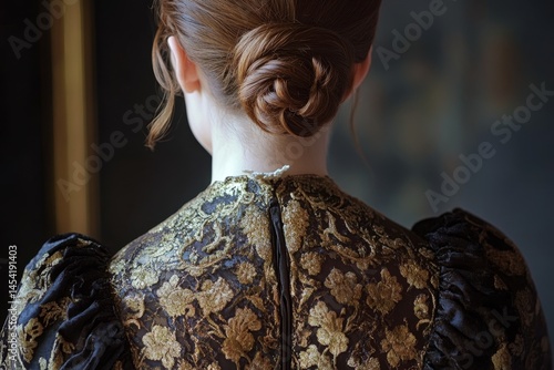 A woman in a vintage ornate dress with gold embroidery and corset top, standing confidently against a nature backdrop.