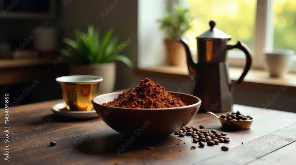 Aromatic coffee grounds in a rustic bowl, accompanied by roasted beans and a vintage coffee pot, creating a still life of morning ritual