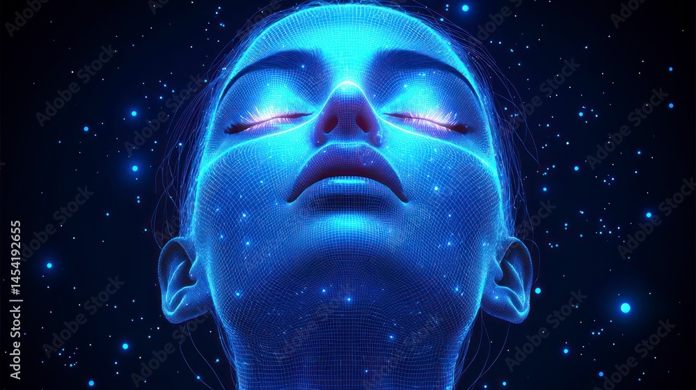 Digital woman in blue glow with closed eyes, serene Digital woman in blue glow with closed eyes, serene