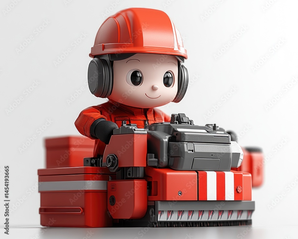 Fototapeta premium A cute, stylized worker in red, operating a compact red machine