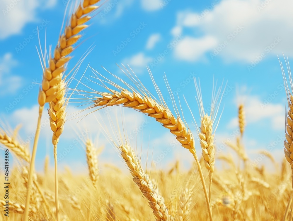 Close-up of ripe wheat with blue sky and clouds in background. Close-up of ripe wheat with blue sky and clouds in background.