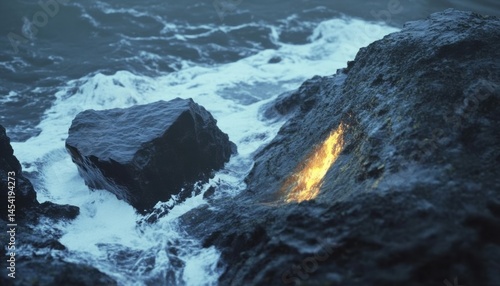 Ocean waves crashing on textured rocks coastal area aerial view serenity in nature low-contrast lighting