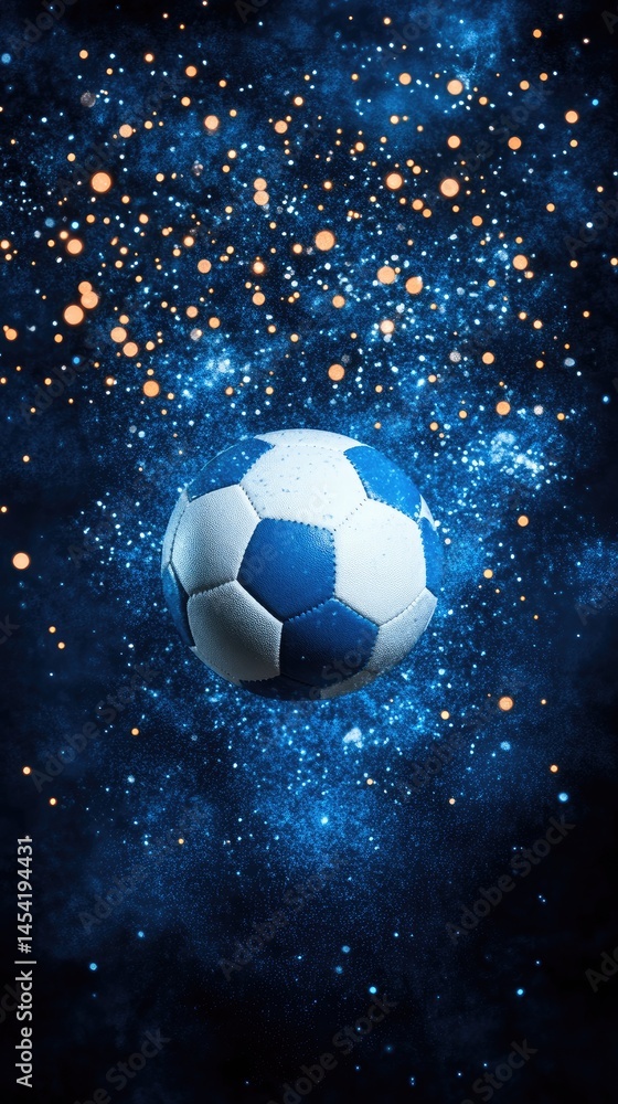 Naklejka premium A blue and white soccer ball amidst a shimmering, sparkling blue and gold ethereal background