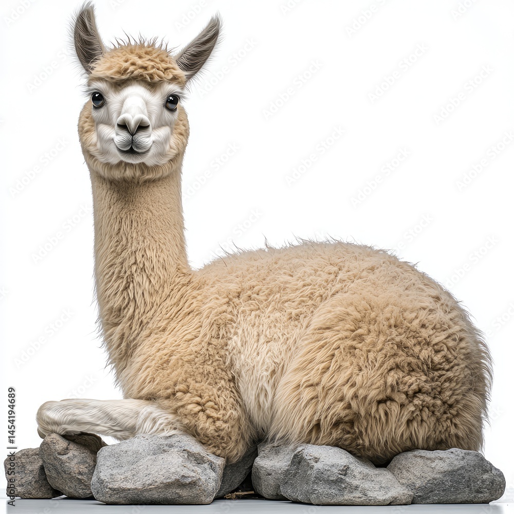 Fototapeta premium Lying alpaca poses in studio on rocks, looking at camera on white background