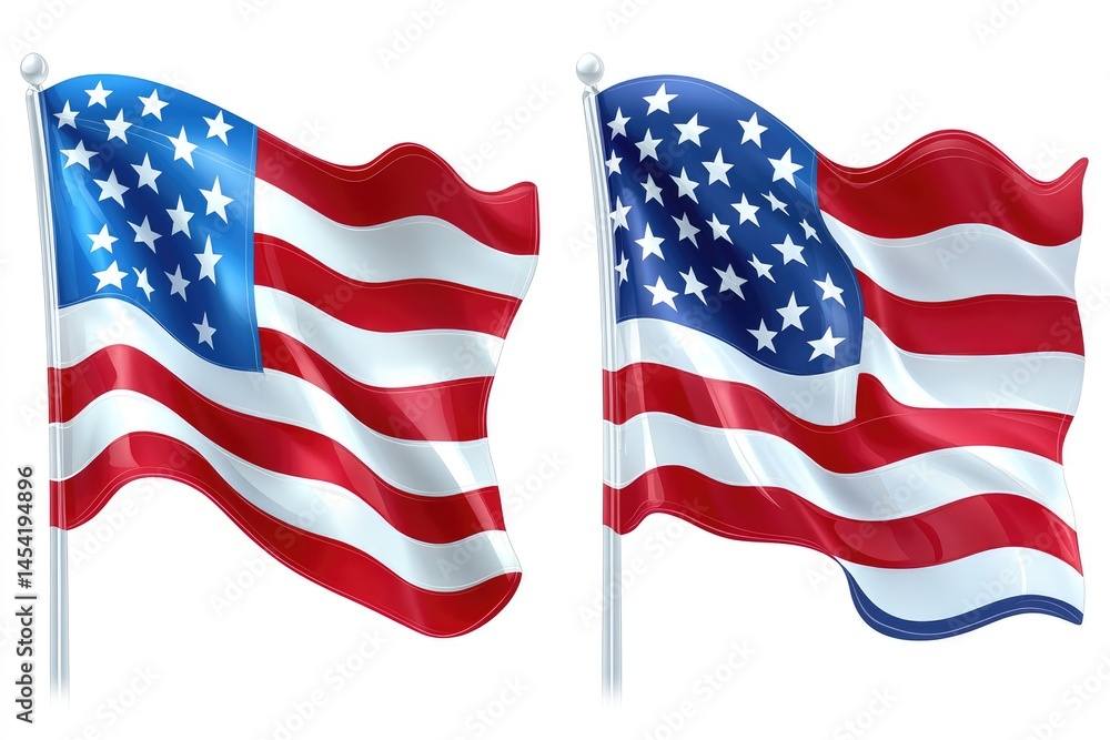 Two American flags waving with stars and stripes on a white background Two American flags waving with stars and stripes on a white background