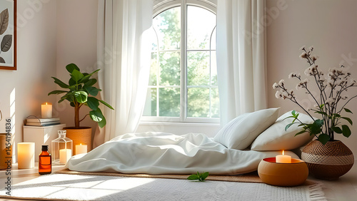 A sleeping place for rest and relaxation with plants, dried flowers and scented candles.