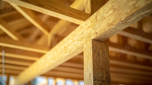 Closeup view of a wooden post supporting the floor structure in a home. The timber framing used in construction showcases the craftsmanship and sustainability aspects.
