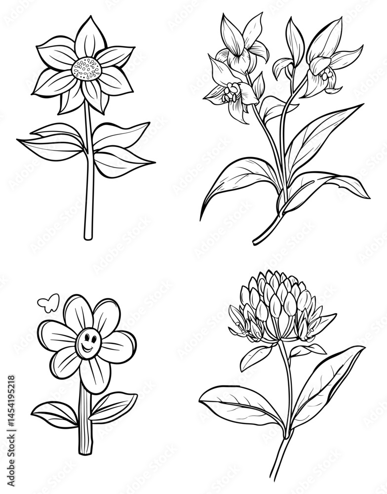Botanical whimsy four flora in penline bloom Botanical whimsy four flora in penline bloom