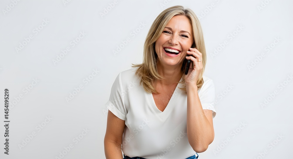 Fototapeta premium Woman with blonde hair laughing while holding a smartphone against her ear in a studio setting