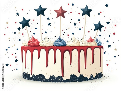 Festive American-themed cake, decorated with stars and dripping frosting