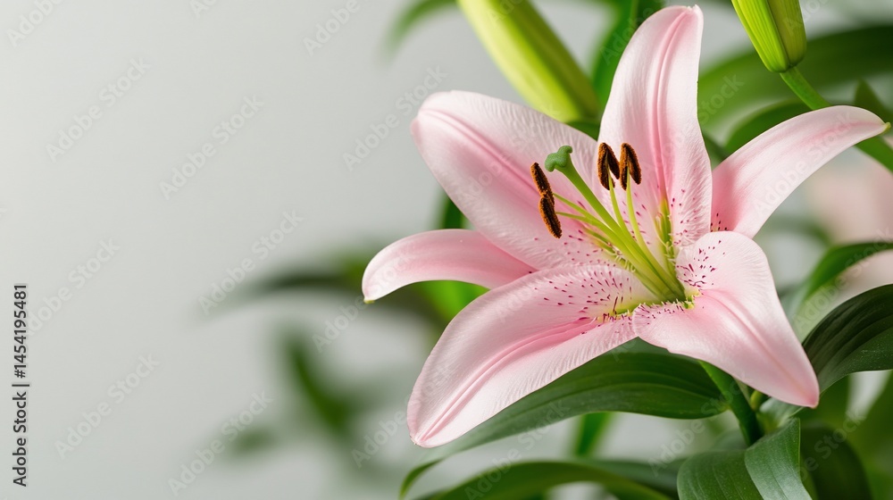 Fototapeta premium Delicate pink lily blossom with green stems and leaves against a neutral background