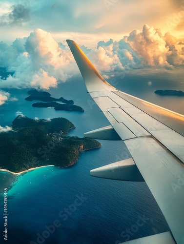 Island chain, tropical landscape below airplane wing