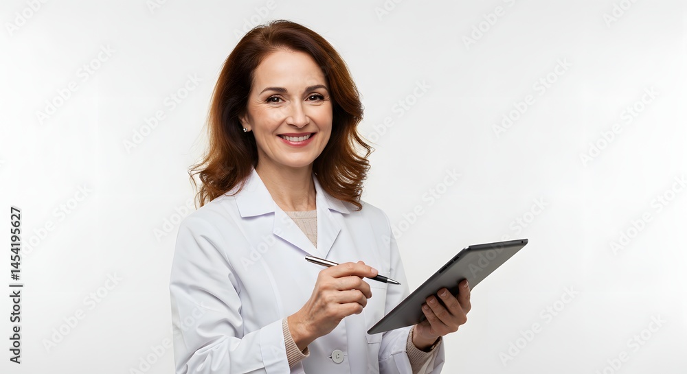 A smiling doctor in a white coat holding a tablet and pen against a plain white studio background scene A smiling doctor in a white coat holding a tablet and pen against a plain white studio background scene