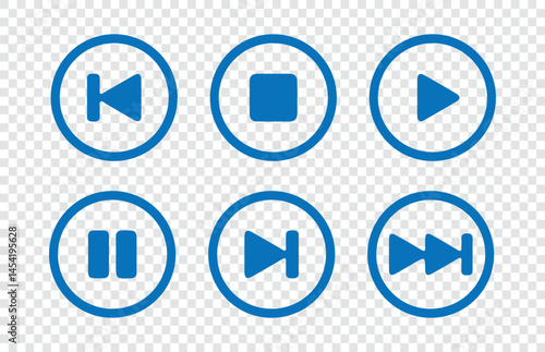 Blue Media player flat icons set.  Play, pause, next, previous, faster, slow down, record button sign, symbol vector illustration Eps 10
