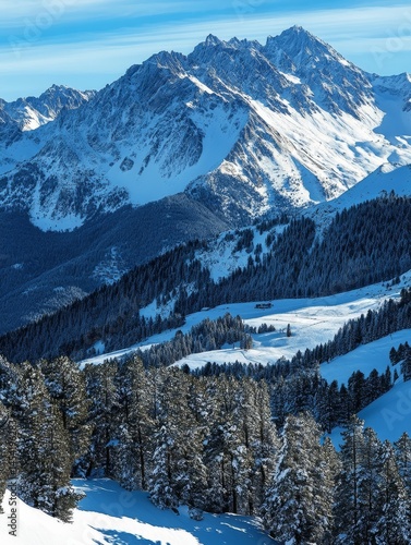 Spectacular winter alpine scenery with a snow-covered valley and mountain peaks. Ideal for winter sports enthusiasts.