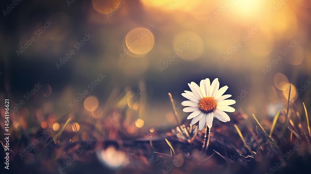 Obraz premium Serene daisy meadow with blurred bokeh and natural light atmosphere