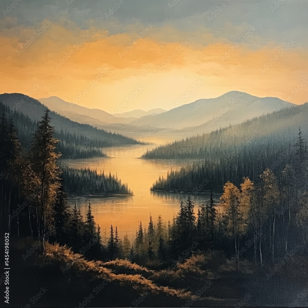 A scenic view of a misty mountain lake during sunset, showcasing the watercolor artwork capturing the serene wilderness atmosphere.