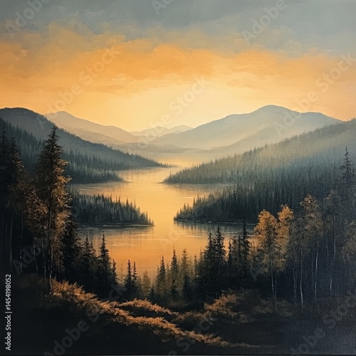 Obraz na płótnie A scenic view of a misty mountain lake during sunset, showcasing the watercolor artwork capturing the serene wilderness atmosphere. w salonie