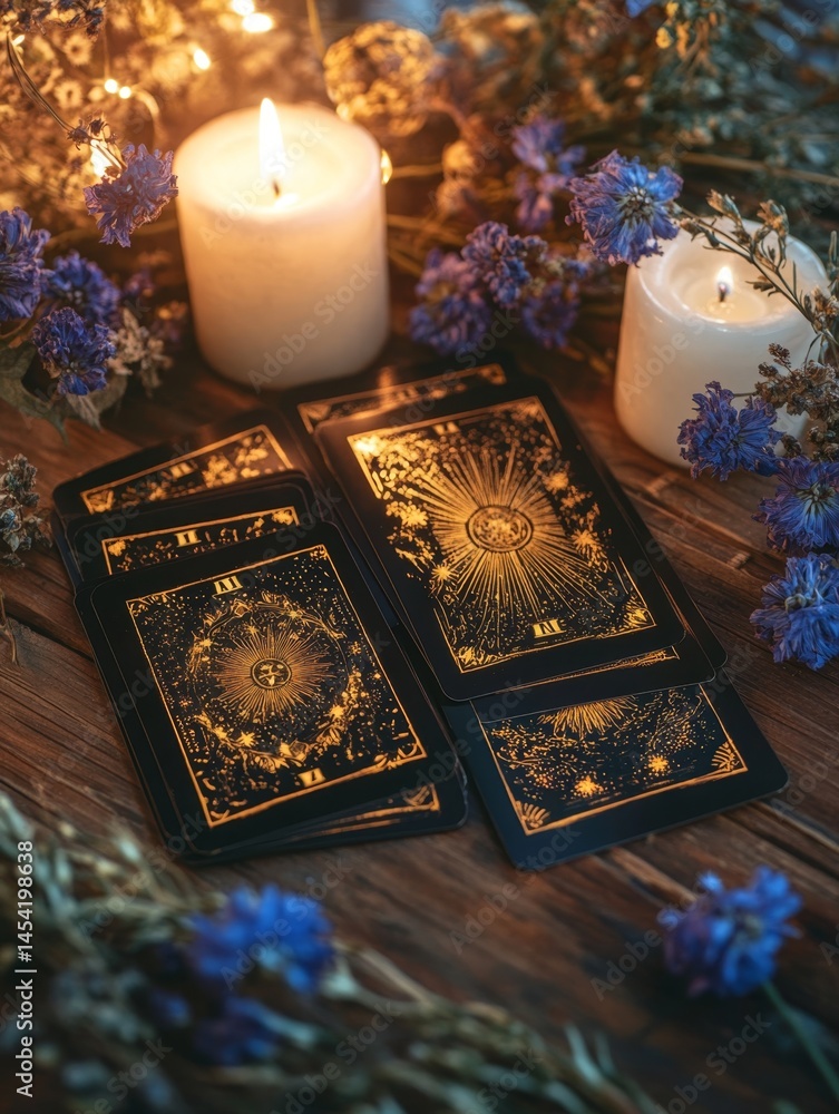 A tarot card set featuring gold foil designs against a candlelit background with wildflowers and foliage, used for divination purposes.