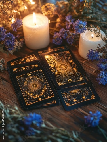 Obraz na płótnie A tarot card set featuring gold foil designs against a candlelit background with wildflowers and foliage, used for divination purposes. w salonie