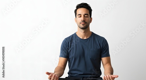 A man in a blue t shirt is meditating with his eyes closed and hands in a relaxed position on white