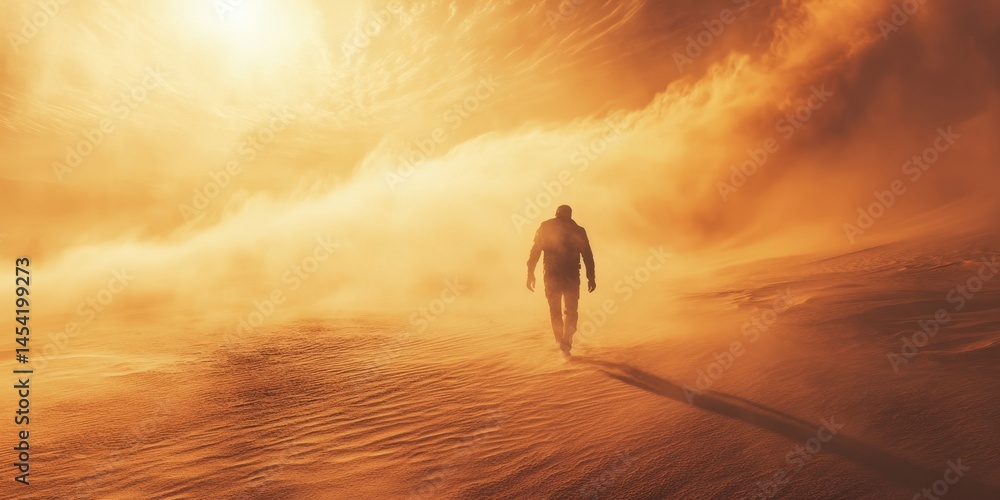 A lone figure explores a barren desert landscape during an unusual solar eclipse. The scene suggests an apocalyptic or otherworldly event.