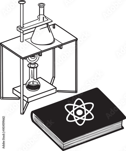 Science Laboratory Equipment And Atom Symbol Textbook
