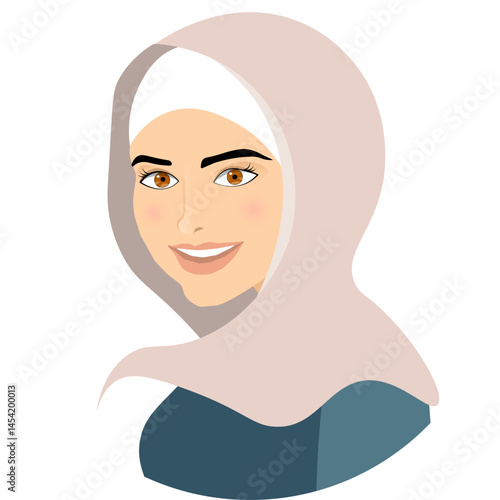 Vector people. Muslim woman in hijab. Avatar of a laughing girl in a light hijab. Vector